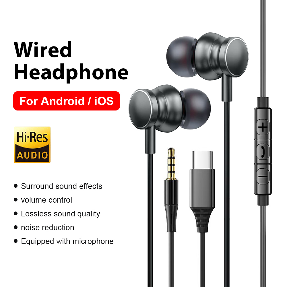 Type C Wired Earphones With Mic - Type C Bedrade hoofdtelefoon 3,5 mm